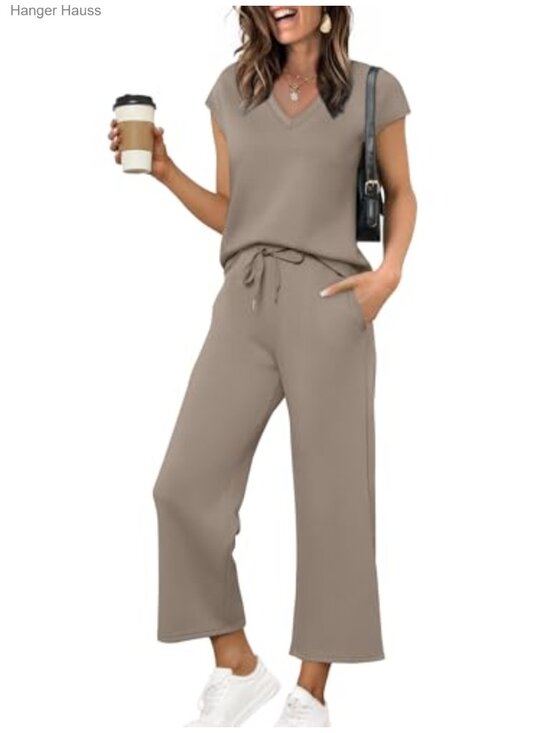 Pants - Two Piece Lounge Set V Neck Top Wide Leg Pants